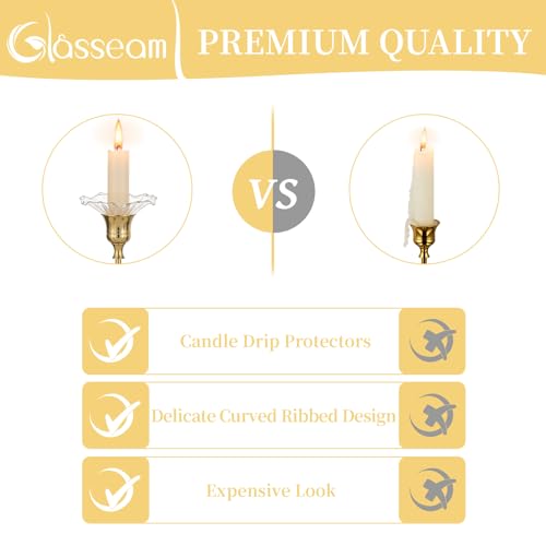 Glasseam Glass Bobeches for Candlesticks Holders: Clear Candle Drip Protectors Set of 12 Ribbed Wax Catchers for Candle Stick Holder Taper Candle Holders for Table Centerpiece Wedding Christmas Dining - color: Clear, size: RIbbed-12pcs