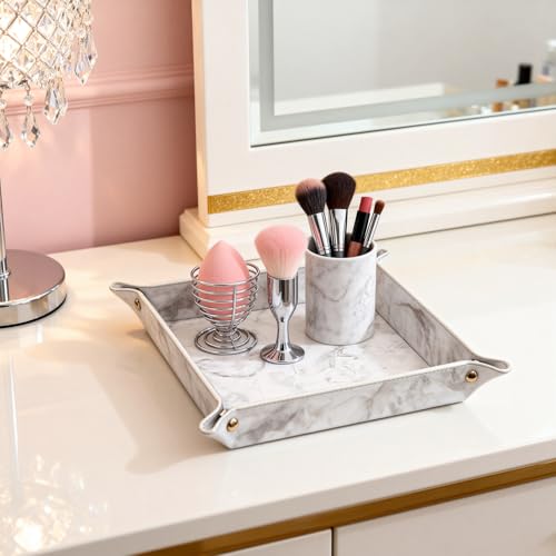 siduater Valet Tray Desktop Storage Organizer – Vegan Leather Catchall Bedside Vanity Tray Nightstand Caddy Holder for Remote Controller, Watch, Keys, Phone, Wallet, Coin, Jewelry, Marble White - color: Marble White