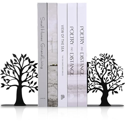 Decorative Bookends, Modern Metal Book Ends for Shelves, Tree Stopper for Books, Decorative Book Organizer Bookends Decorative, Black Shelve Bookends for Home Office, 6.1 X 6.1 X 1.2 Inch