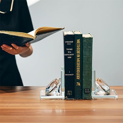 1 Pair Crystal Bookends with 80mm Clear Diamond, L Shaped Heavy Duty Book End for Shelves Non Skid Bookends Book Stopper, 4inch - color: Diamond