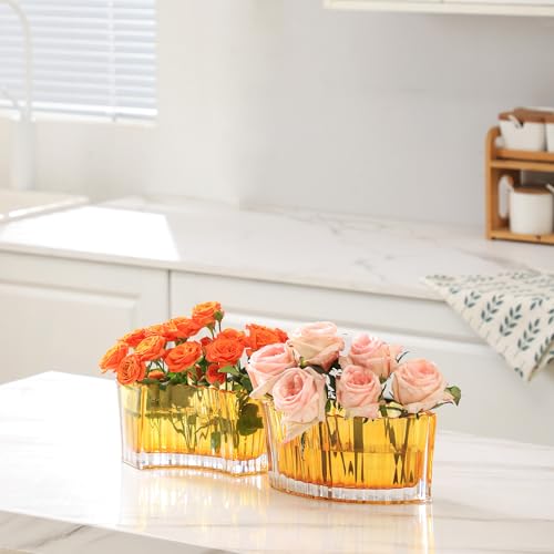 MCMCNCUIU Crystal Vases for Centerpieces, Flower Vases for Wedding Centerpieces, Amber Glass Vase for Flowers, Curve Small Vase for Living Room, Bedroom, Kitchen, Dining Table, Set of 2 - color: Amber