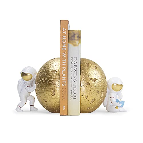 Heavy Duty Astronaut Bookends, Space-Themed Book Ends for Kids Room & Nursery Decor, Gold Moon Book Stoppers to Hold Books, Decorative Bookends for Shelves, Ideal for Boys and Girls - color: Gold