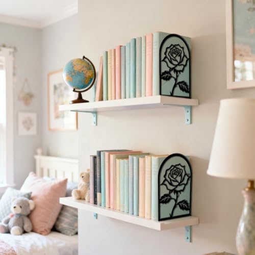 Peacoblue Metal Bookends for Shelves, Modern Decorative Heavy Duty Study Book Ends Stoppers for Office, Desk, Shelf, Room 5.3"x4.3"x7.9" Cast Iron Simple Tall Bookends 1 Pair (Rose Flower) - style: Rose Flower