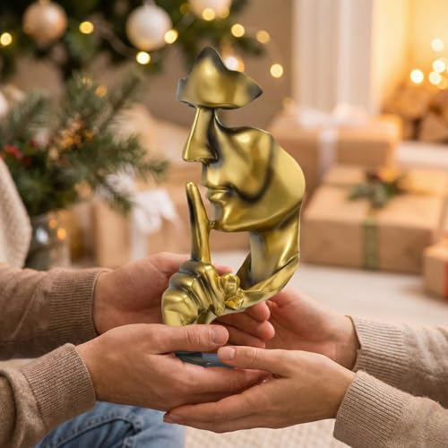 1 Piece Modern Silence Sculpture, Abstract Face Statue for Home Decor, Golden Silence Figurine for Living Room, 27cm Resin Art Piece