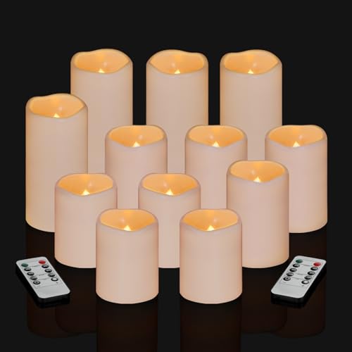 Artmarry Flameless Candles 4" 5" 6" Set of 12 Ivory Waterproof Pillars 3" Diameter Battery Operated Flickering Candles Include 10-Key Remote Timer Function 400+ Hours by 2 AA Batteries (12 Pack) - color: Ivory Candle - Warm light, size: 3"D x 4"|5"|6" H -