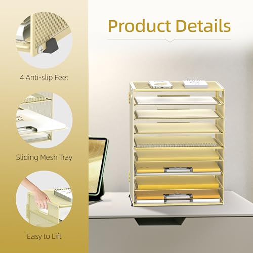 DALTACK 9-Tier Paper Organizer for Desk, Mesh Letter Tray Desk Organizer with Handles, Space-Saving File Organizer for Office Home School, Gold - color: Desk Organizer Gold