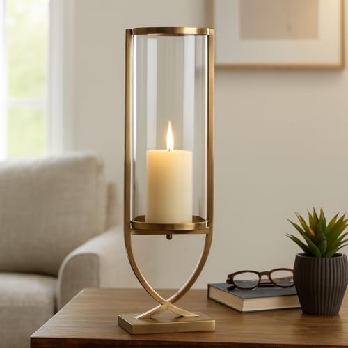 Contemporary Metal and Glass Hurricane Candle Holder - Decorative Pillar Candlestick Holder for Table Centerpiece - Elegant Home Decor Accents for Any Special Occasion Decoration - 27" Gold - color: Gold, size: 27"