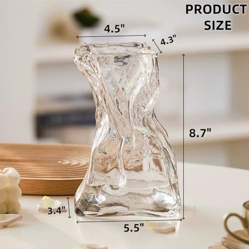 Covzoe Glass Vase, 8.7 Inch Tall Irregular Shaped Flower Vase with Hemp Rope, Clear Art Decorative Vases, Modern Home Bouquet Vases for Wedding, Living Room, Dining Table, Office