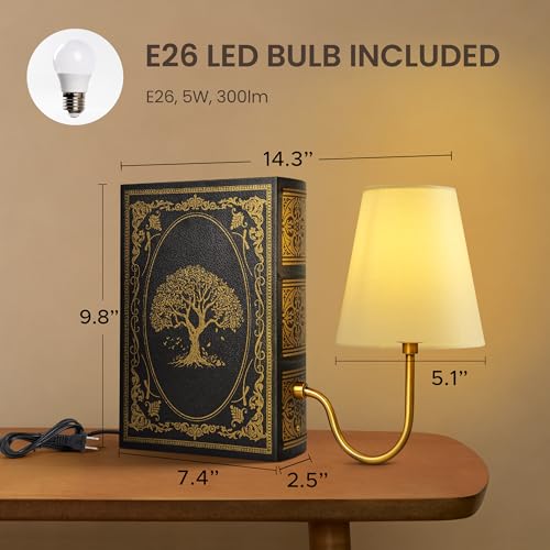 AELS Vintage Bookshelf Lamp with Bulb, Table Lamp with Linen Shade, 3-Color Dimmable Touch Control, Modern Farmhouse, Book Sconce for Office Home Bedroom Bookshelf, Tree of Life on Black & Gold - color: Tree of Life Black, size: Plug-in Model