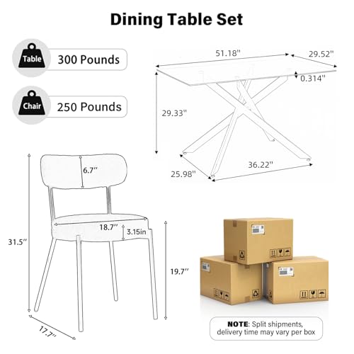 51'' Modern Glass Dining Table for 4, Rectangular Tempered Table Top Gold Base with 4 Luxury White Gold Boucle Dining Chairs, 5 Piece Dining Room Table Set, Easy Assemble - color: Golden+white Gold Chairs, size: 51'' + 4 Chairs