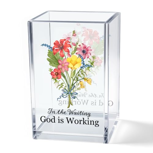 in The Waiting God is Working Acrylic Cosmetic Bible Verse Pencil Pen Holder Cup, Floral Christian Desk Organizer Accessories for Home Office Decor, Christian Faith Gifts for Women Girl Coworker - style: Waiting