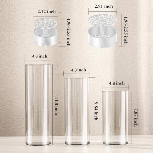 3 Clear Acrylic Cylinder Vase for Centerpieces, Tall Cylinder Plastic Hurricane Vases, Large Unbreakable Flower Vases for Wedding Bouquet (D 4.8" X H 8" + H 10" + H 12" Set of 3 + 2 Holder) - color: 3 Clear - L