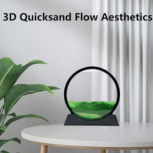 Moving Sand Art Liquid Motion, 3D Deep Sea Sandscape Color Quicksand Decor, Round Glass Moving Sand Art Picture Relaxing Desktop Home Office Work Decor (12 inch-Green) - color: Green, size: 12 Inch