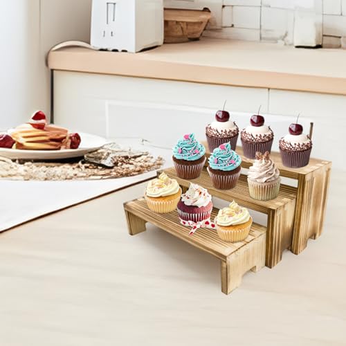 Yikaroeli 2 Set Small Display Riser Wood Risers Wooden Cupcake Display Stand,9.4"-7.8" Graduated Sizes,3Tiered 6Pcs Display Racks Dessert Food Stands