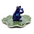 2" Dark Blue Frog On 4" Wide Lotus Leaf Ceramic Incense Stick Holder Artistic Collectible Figurine for Adult Collectors Interior Accent Gift Handcrafted Porcelain Home Room Decor