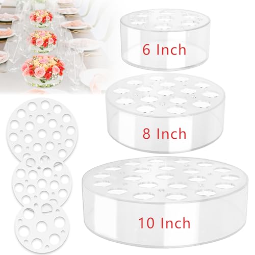 3 Pack Clear Acrylic Flower Vase Centerpiece Round 6/8/10 Inch, Wedding Circular Wide Low Floral Vases with Holes for Dinning Table Home Birthday Party Flower Arrangement
