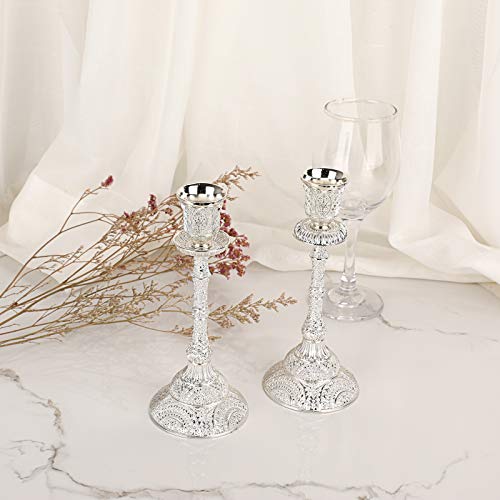 OwnMy Set of 2 Taper Candle Holders Vintage Metal Pillar Candlestick Holders 7.4”, Elegant Brass Candle Stick Holders Decor Candelabra Set for Dining Table Centerpieces Wedding Home Decoration, Silver - color: Silver