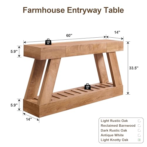 60" Farmhouse Entryway Table with Drawer, Wooden Hallway Foyer Table with Heavy Duty Base, Sofa Table for Living Room(Light Knotty Oak) - color: Light Knotty Oak