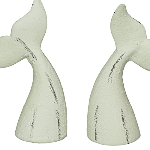 Set of 2 Nautical Cast Iron Decorative Book Ends for Home Decor, Coastal Themed Shelves, and Beach House - Rustic White Enamel Finish - Organize and Beautify Your Space - color: Whale Tail - White