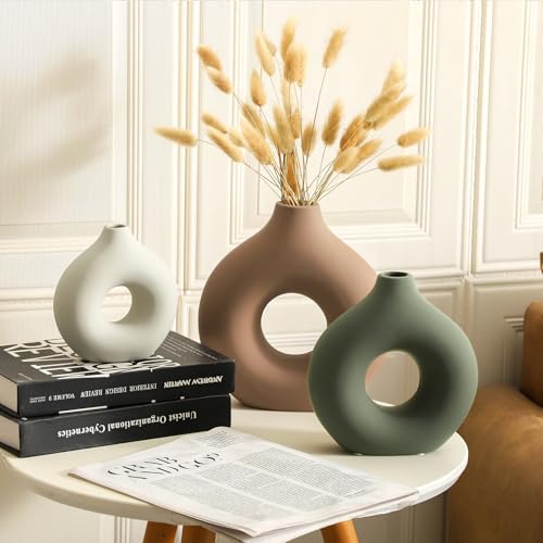 Vanselia Ceramic Vase Home Table Decor - Flower Vases Set of 3 Small Living Room Centerpiece Decorations for Shelf Bedroom Office Kitchen Dining Desk Modern Aesthetic Farmhouse Decorative (Brown) - color: Brown