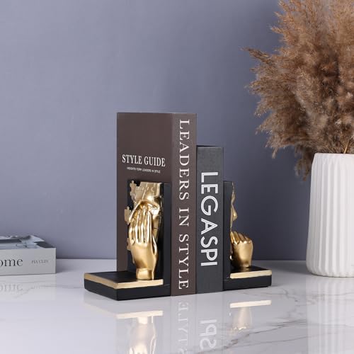 Gold Thinker Bookends,Abstract Face Resin Book Ends with Puzzle Pattern,Modern Decorative Book Stoppers for Shelf,Desk & Office Decor,Heavy Duty Non-Slip,Set of 2 (Set A)