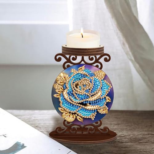 Diamond Art Painting Candlestick Holder kits, Blue Rose DIY shaped crystal Diamond art painting, woodiness Candle holder for AromaRelax & Home Decor, Christmas Halloween Ornaments (Double-Sided) - color: Blue Rose
