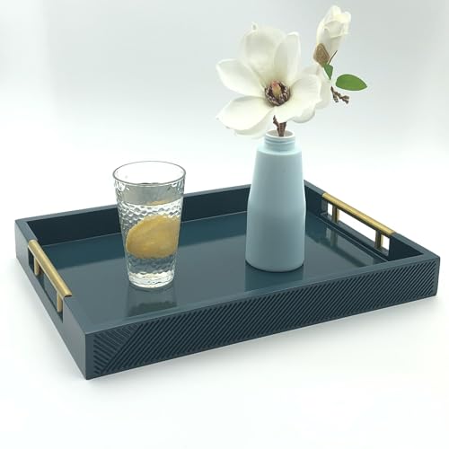 Serving Tray with Polished Metal Handles, 16.5''x12'' Rectangle Coffee Table Tray, Modern Decorative Tray, Large Ottoman Tray, Perfect for Storage and Display (Teal) - color: Teal