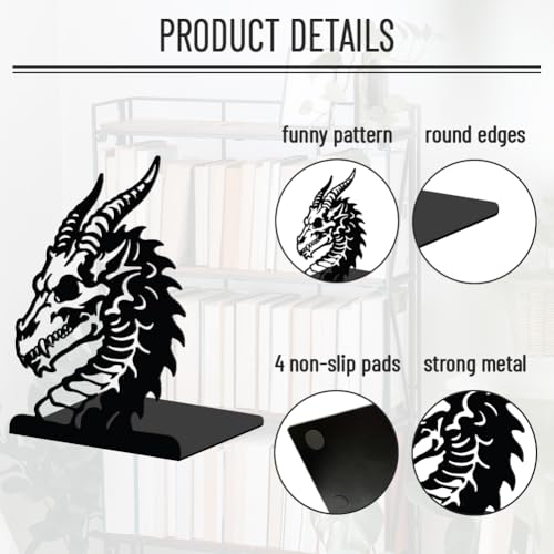WADORN 1 Pair Fantasy Dragon Decorative Bookends, Gothic Dragon Bone Heavy Duty Metal Book Stands Black Novelty Non-Skid Book Stopper for Library Home Office Dorm Reading Room, 5.3x4.3x7.9 Inch - color: Fantasy Dragon Head