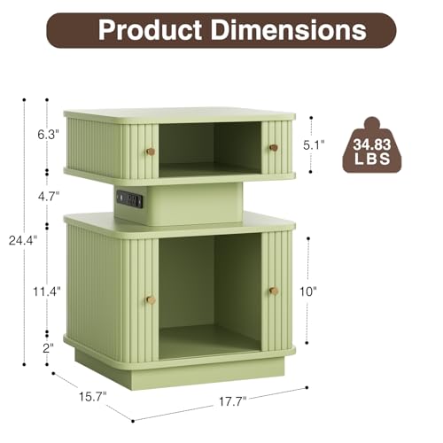 LED Light End Table with Charging Station, Green Mid Century Bedside Table with USB Type A C Ports, Small Fluted Accent TV Control Nightstand with 2 Sliding Door for Living Room, Curvy Edge - color: Green