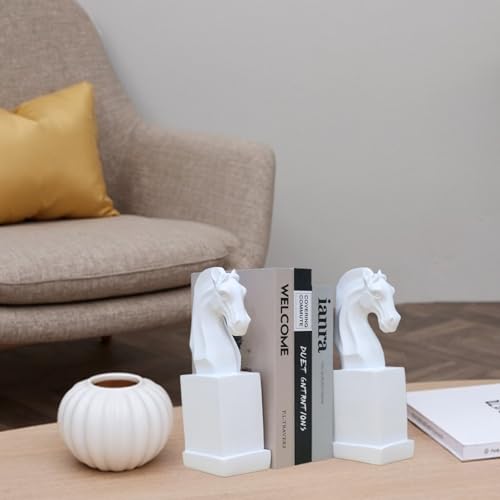 Decorative Horse Bookends Sculptural - Modern Minimalist Resin Bookends for Shelves - Heavy Duty White Book Holder for Modern Living Room Home Library Office Desk, Gift for Book Lovers
