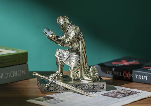 King's Guard Leader Cloak Warrior Knight Pen Holder Mobile Phone Stand, Ornament Knight Statue, Pen Stand Paperweight for Office and Home (Bronze) - color: Bronze