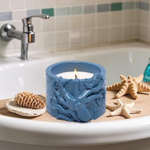 Hodao Oceanic Serenity Handcrafted Aromatherapy Box with Candle & Decor – Beach Rock Sculpture with Sea Turtle, Seashells, for Home, Bathroom, Yoga Room Decor (Blue-Octopus) - color: Blue-octopus