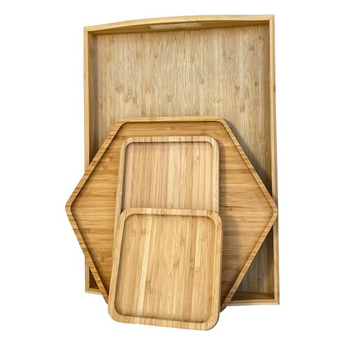 Bamboo Serving Trays 16.5"x11.8"（42x30cm with Handle, Set Includes 0.63"(1.6cm) Thick Dinner Plates Hexagon 12.5"(32cm)+Rectangle 9.8"(25cm)*5.9"(15cm)+Square 5.9"(15cm) - color: 0.63"(1.6cm) Thick 1xhexagon 12.5"(32cm)+1xrectangle 9.8"(25cm)*5.9"(15cm)+1