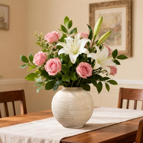 Rustic Farmhouse Vase Home Decor - 6 in Ceramic Boho Decorative Vase for Decor, Round Clay Whitewashed Terracotta Bowl vase for Living Room, Table, Shelf, Centerpieces - style: 02 - Small Rustic Ribbed Whitewash