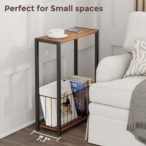Homleke Narrow Side Table with Magazine Holder, Skinny End Table Perfect for Small Spaces, Space-Saving Design for Living Room, Bedroom, or Office, 7.1" D x 16.9" W x 23.6" H, Rustic Walnut - color: Rustic Walnut - Standard
