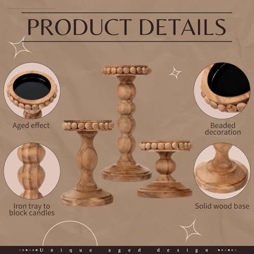 Mumufy 3 Pcs Candle Holders for Pillar Candles Rustic Farmhouse Home Decor Decorative Washed Beaded White Black Wood Candle Holder Country Style for Table Mantel Fireplace Wedding(Pine Brown,Small) - color: Pine Brown, size: Small