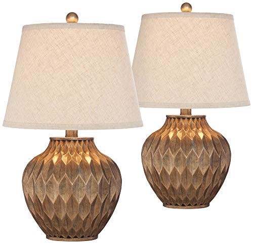 360 Lighting Buckhead Traditional Style Small Accent Table Lamps 22" High Set of 2 Warm Bronze Geometric Urn Tapered Drum Shade for Living Room Bedroom House Bedside Nightstand Home Office - color: Bronze - Set of 2