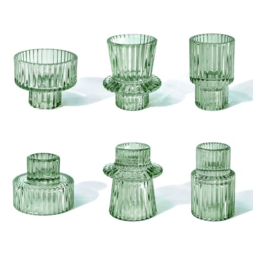 Candlestick Holders Set of 6, Ribbed Glass Taper Candle Holders, Reversible Green Tealight & Candle Stick Candle Holder Vintage Crystal Tapered Candlestick for Wedding Dinner Party Festival - color: Green