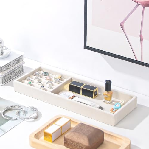Divided Drawer Organizer Tray, Velvet Jewelry Storage Tray, Necklace Bracelet Ring Earring Display Tray,Bedside Nightstand Desk Holder Tray for Phone Watch Sunglasses Cosmetics Storage/Beige/2grid - color: Beige, size: Grid2
