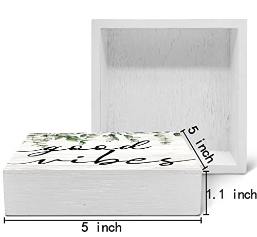SRADMO Botanical Eucalyptus Leaves Wood Box Sign Desk Decor, Rustic Eucalyptus Leaves Wooden Block Box Sign Decoration For Home Office Shelf Table Decor - color: white, size: 5″×5″