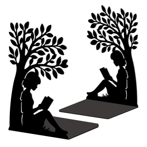 Peacoblue Metal Bookends for Shelves, Modern Decorative Heavy Duty Study Book Ends Stoppers for Office Desk Shelf Room 5.3x4.3x7.9 Cast Iron Simple Tall Bookends 1 Pair (Girl Reading Under a Tree) - style: Girl Reading under a Tree