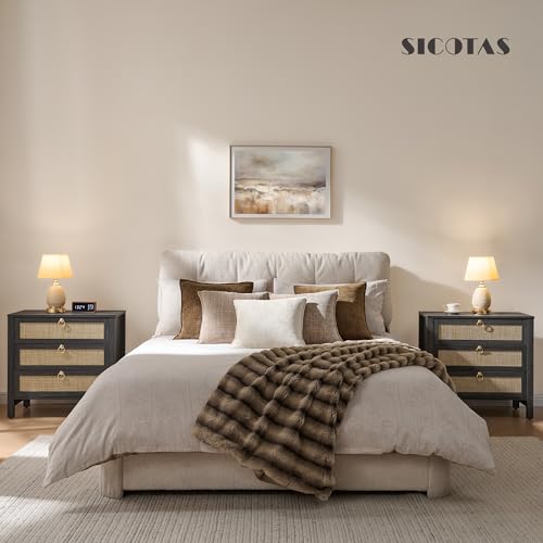 SICOTAS Night Stand with Drawers, Large Rattan Bedside Table with Golden Handle, 3 Drawers Nightstand Tall End Table Side Table Boho Nightstand for Bedroom - color: Obsidian