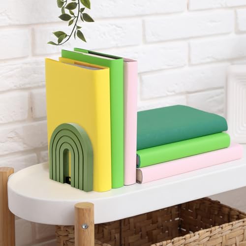 FYSUIMU 4Pcs Boho Sage Green Arch Wood Bookends Non Skid Book Stoppers Rainbow Shape Wooden Book Stands for Heavy Books Home Office Library Kitchen