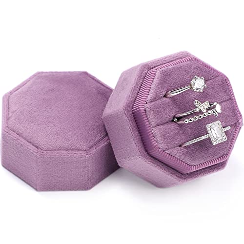 WantGor Velvet Ring Box, 3 Slots Jewelry Ring Gift Box Vintage Ring Display Holder Case for Wedding Ceremony Proposal Engagement (Purple) - color: Purple