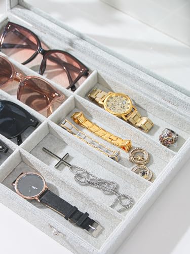 Coward Sunglass Organizer Tray Box, Grey Beige Velvet Eyeglasses Display Tray Case with Transparent Glass Lid for Home Use or Store Shop Selling Show - color: Grey Beige Velvet, size: Sunglass Box