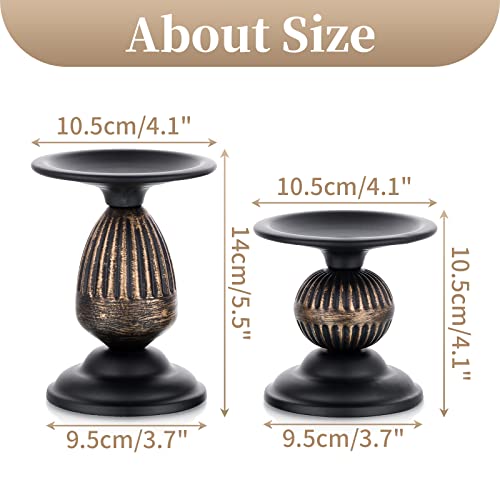 Sziqiqi Vintage Pillar Candle Holders Distressed Metal Candleholder Black Candlestick Holders Centerpiece Shabby Chic Ornaments for Coffee Dining Table Mantle Fireplace - Set of 2