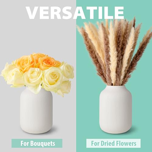 flature Ceramic Vase with Grooves - Waterproof Flower Vase in Matte White for Fresh Flowers, Dried Flowers, Pampas Grass, Large 7.9" Tall Vase as a Gift, Decoration for Living Room, Bedroom, Office. - color: White