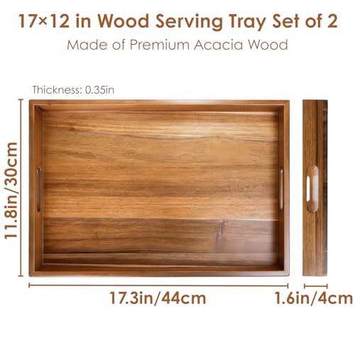 YOUEON 2 Pack 17 x 12 Inch Acacia Wood Serving Tray with Handles, Large Wooden Tray for Ottoman, Breakfast in Bed, Dinner, Coffee Table, Perfect for Living Room, Bedroom & Kitchen