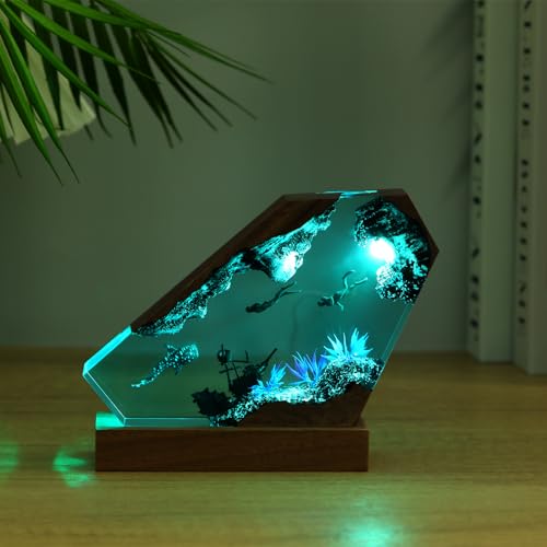 Ocean Creative Epoxy Resin Wood Light Lamp, Handmade Multi Color Aquatic Ocean Lamp Deep Sea Diver Cave Diving Enthusiasts Led Night Light Desktop Decor Christmas Birthday Gift (Couple Diver, S) - color: Couple Diver