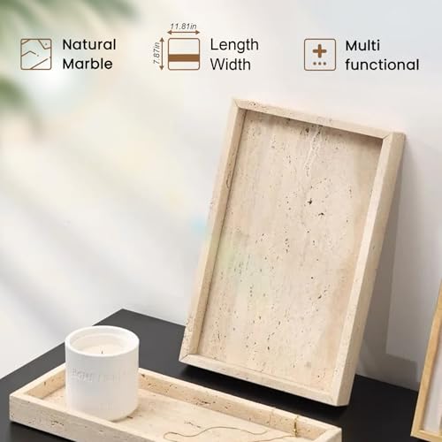Natural Marble Tray, Stone Tray for Bedroom/Bathroom/Kitchen/Vanity Countertop, Jewelry Tray for Rings Earrings Necklace Bracelet Watch, Room Decor Aesthetic - color: Beige Travertine, size: 11.8" x 7.9" x 1.2"